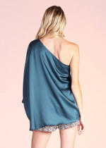 Load image into Gallery viewer, Pine green shiny hammered satin one sleeve top.
