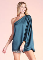 Load image into Gallery viewer, Pine green shiny hammered satin one sleeve top.
