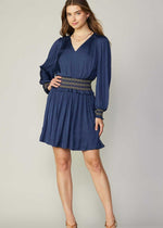 Load image into Gallery viewer, Navy v-neck short dress with waist &amp; cuff special smocking with ruffle.
