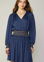 Load image into Gallery viewer, Navy v-neck short dress with waist &amp; cuff special smocking with ruffle.
