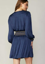 Load image into Gallery viewer, Navy v-neck short dress with waist &amp; cuff special smocking with ruffle.
