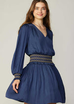 Load image into Gallery viewer, Navy v-neck short dress with waist &amp; cuff special smocking with ruffle.
