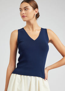 Navy sleeveless v-neck sweater top.