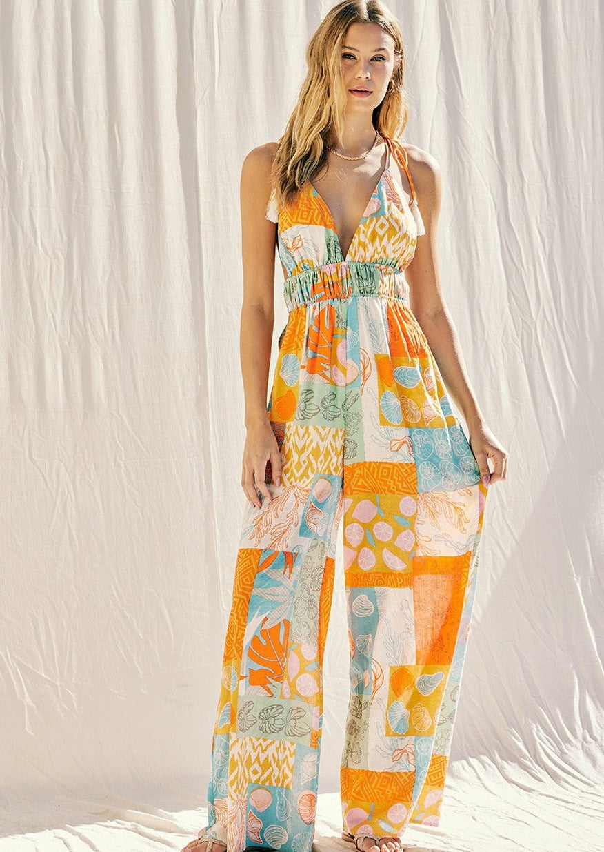 Orange and blue printed cut out jumpsuit.