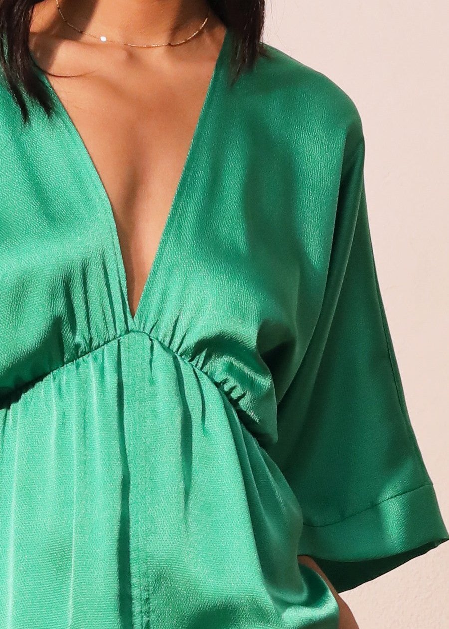 Green shiny hammered satin kimono maxi dress.