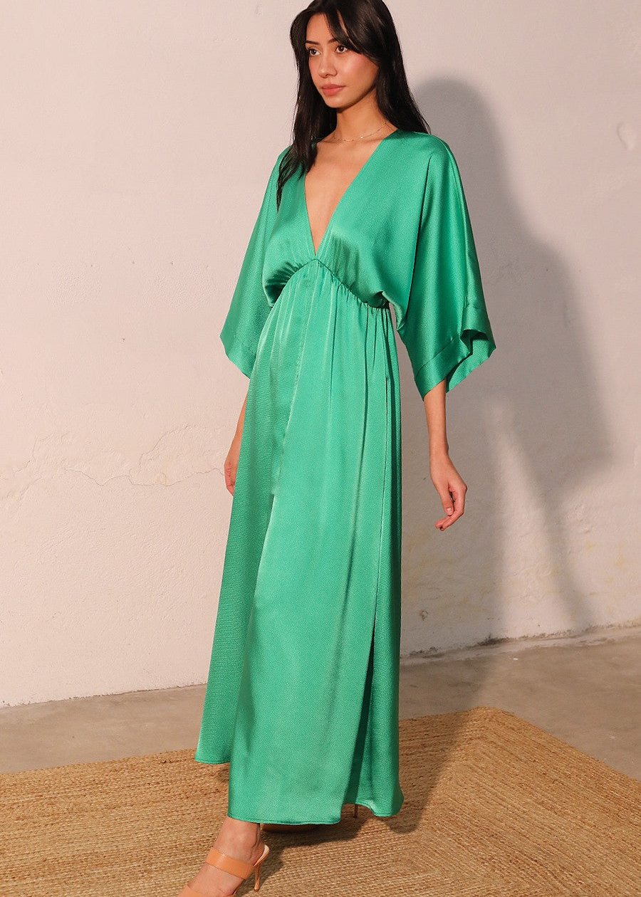 Green shiny hammered satin kimono maxi dress.