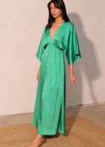 Load image into Gallery viewer, Green shiny hammered satin kimono maxi dress.
