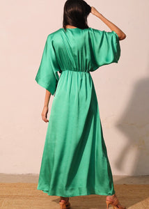 Green shiny hammered satin kimono maxi dress.