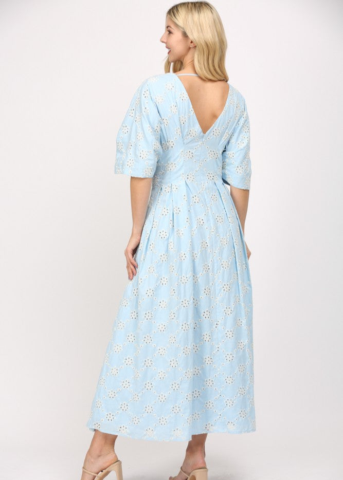 Baby blue eyelet lace v-neck midid dress.