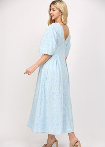 Baby blue eyelet lace v-neck midid dress.