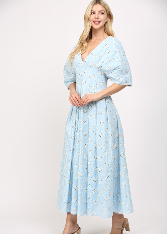 Baby blue eyelet lace v-neck midid dress.