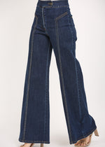 Load image into Gallery viewer, Dark denim high waisted wide leg jeans.
