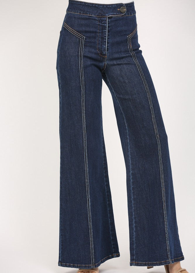 Dark denim high waisted wide leg jeans.