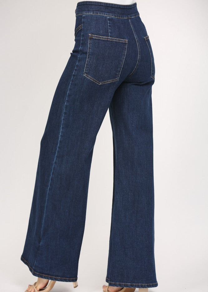 Dark denim high waisted wide leg jeans.