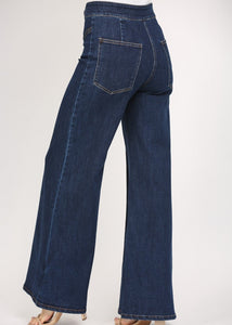 Dark denim high waisted wide leg jeans.