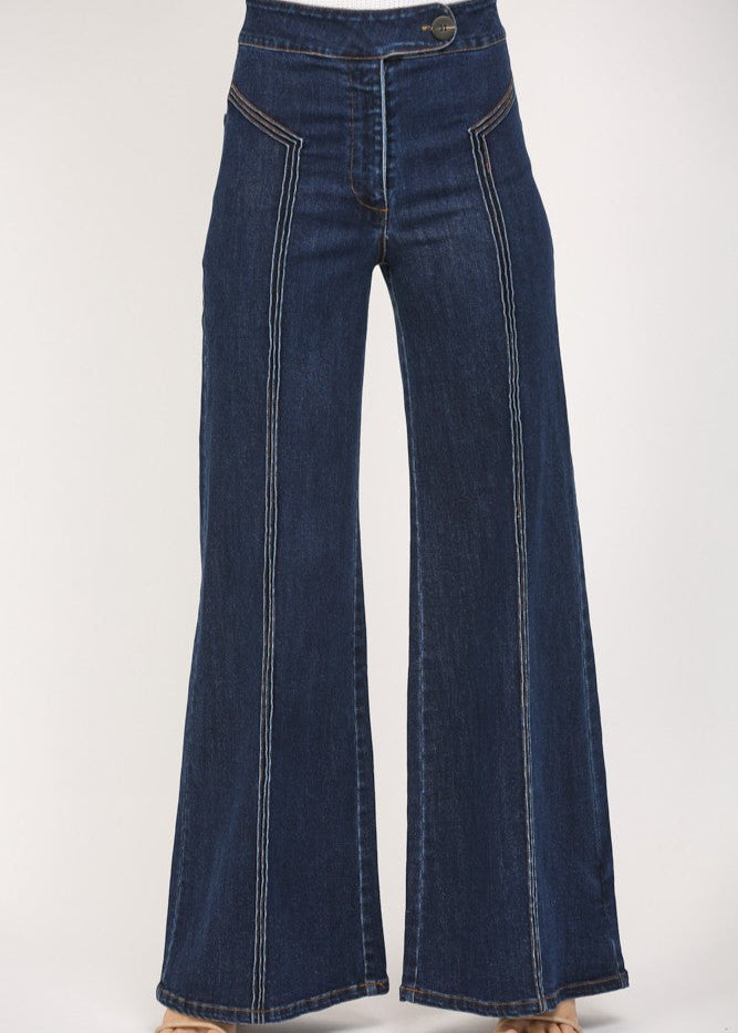 Dark denim high waisted wide leg jeans.