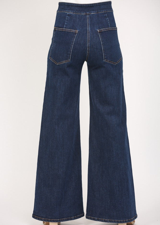 Dark denim high waisted wide leg jeans.