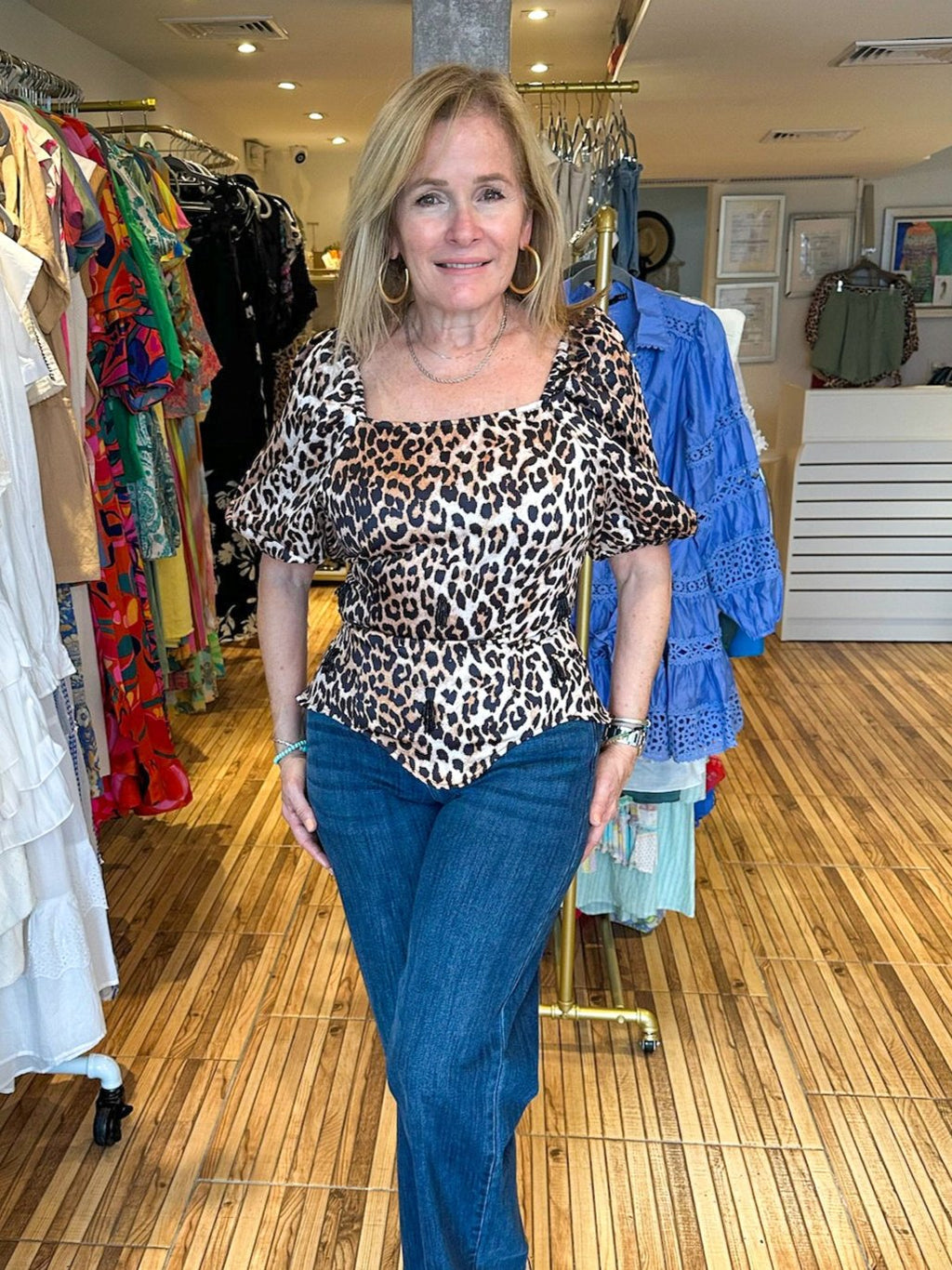 Short sleeve square neck animal print top