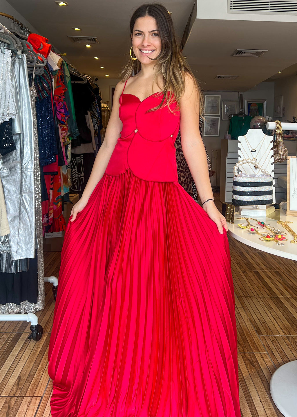 Red pleated maxi lace back dress. Gorgeous and elegant.