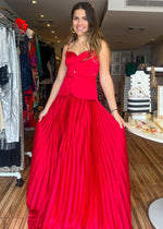 Load image into Gallery viewer, Red pleated maxi lace back dress. Gorgeous and elegant.
