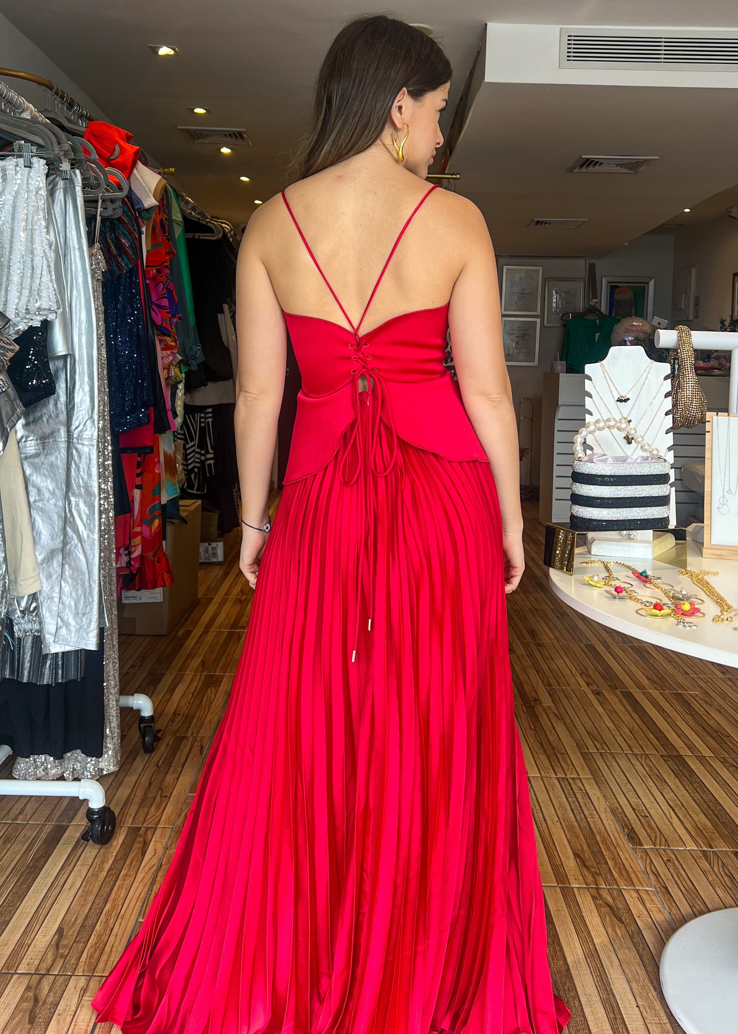 Red pleated maxi lace back dress. Gorgeous and elegant.