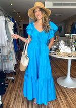 Load image into Gallery viewer, Bright blue tiered maxi dress with ruffle short sleeves and pockets.
