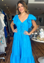 Load image into Gallery viewer, Bright blue tiered maxi dress with ruffle short sleeves and pockets.
