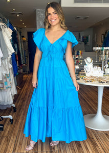 Bright blue tiered maxi dress with ruffle short sleeves and pockets.