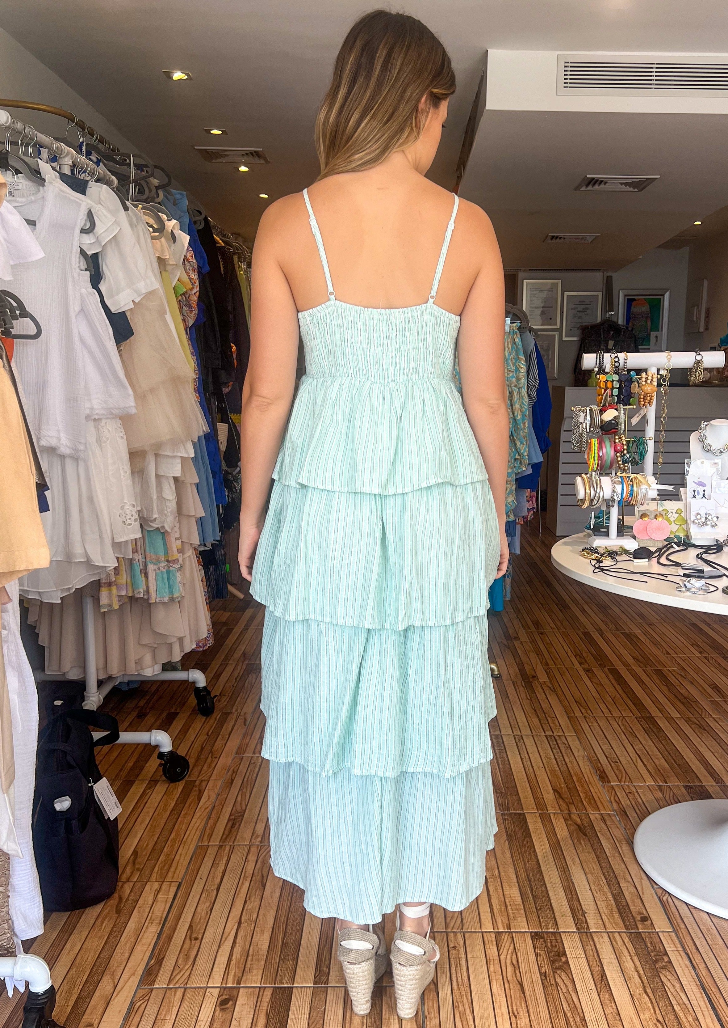Mint pinstripe front tie tiered maxi dress with adjustable straps.&nbsp;