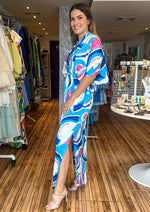 Load image into Gallery viewer, Blue/pink print satin abstract print overlap midi dress with side slits &amp; high low.
