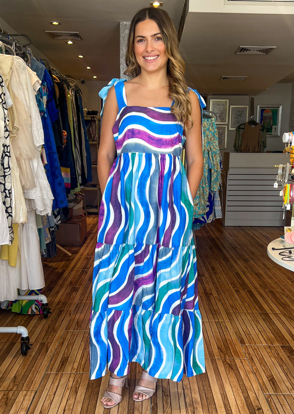 Blue multicolor printed wavy stripes short dress with lining and pockets