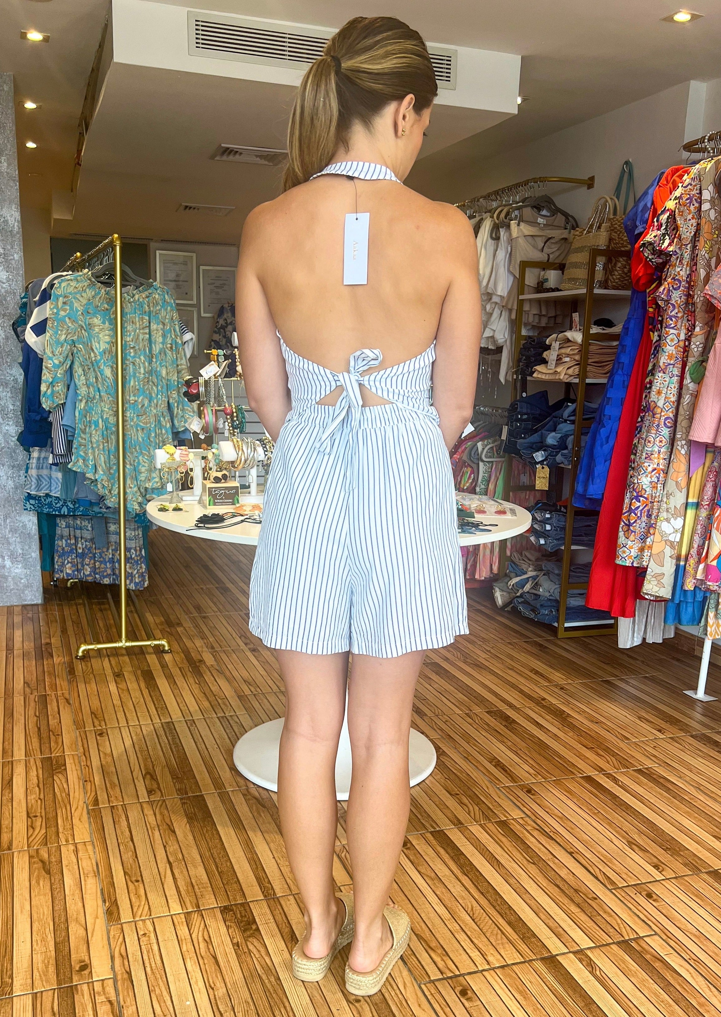 White/navy striped set. Halter vest top and matching high waisted shorts with pockets.