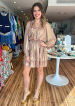 Load image into Gallery viewer, Gold long sleeve split neck with ruffle neck and cuffs detail tiered short dress.
