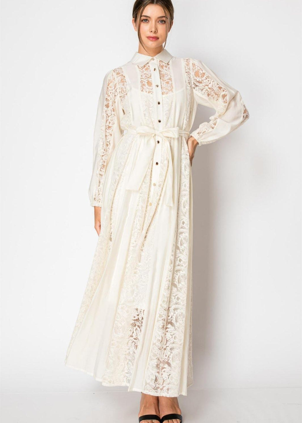 Ivory button up long sleeve lace maxi dress. Elegant and feminine maxi dress.