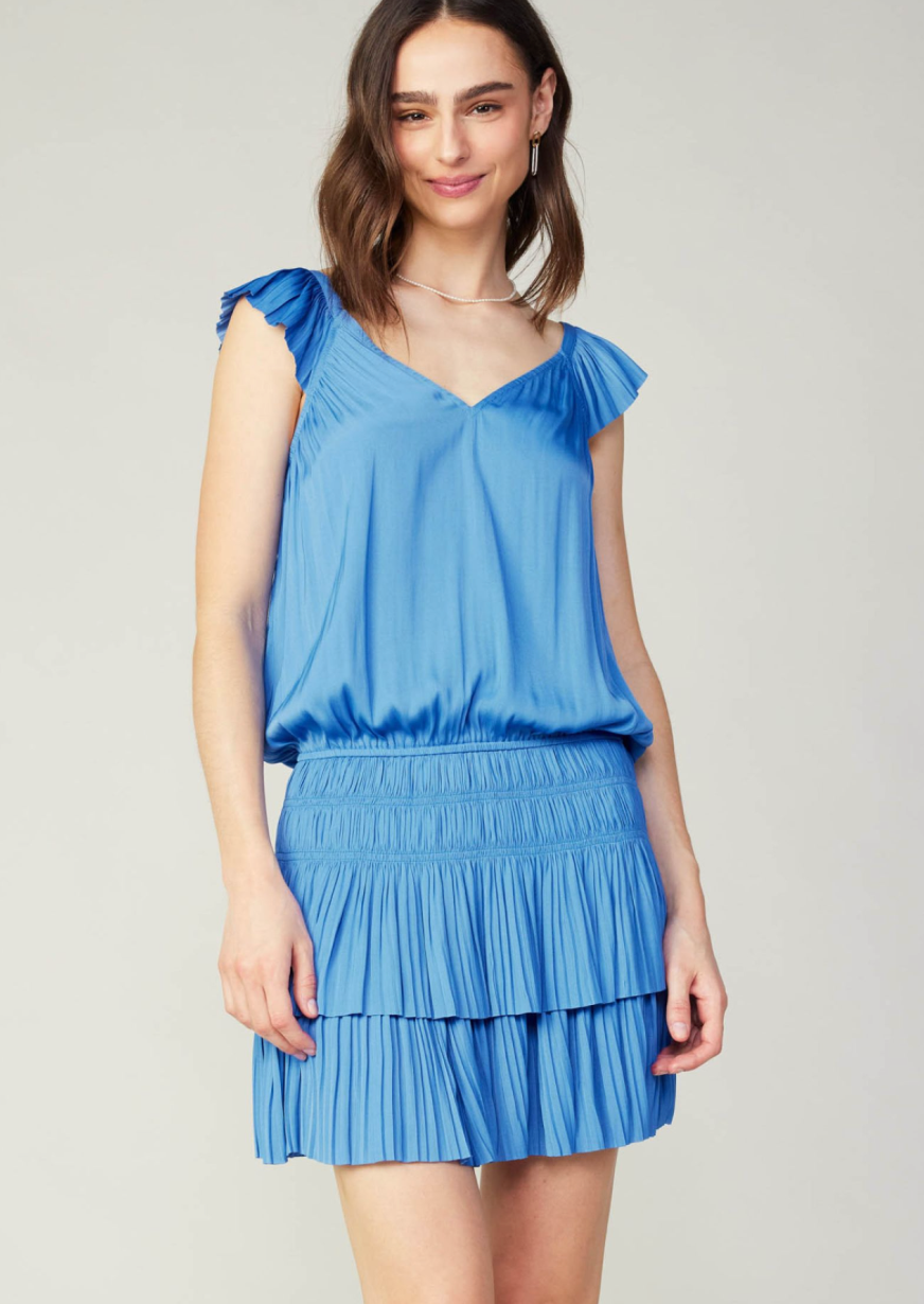 Faded blue sweetheart neck pleated ruffle sleeve elastic waisted tiered short dress with smocking and pleat at skirt.