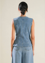 Load image into Gallery viewer, A washed denim vest featuring round neckline, button down and side pockets.
