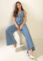 Load image into Gallery viewer, A striped indigo woven vest featuring sleeveless and front button closure. Matching striped woven pant featuring front closure and wide leg.
