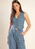 Load image into Gallery viewer, A striped indigo woven vest featuring sleeveless and front button closure. Matching striped woven pant featuring front closure and wide leg.
