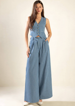 Load image into Gallery viewer, A striped indigo woven vest featuring sleeveless and front button closure. Matching striped woven pant featuring front closure and wide leg.
