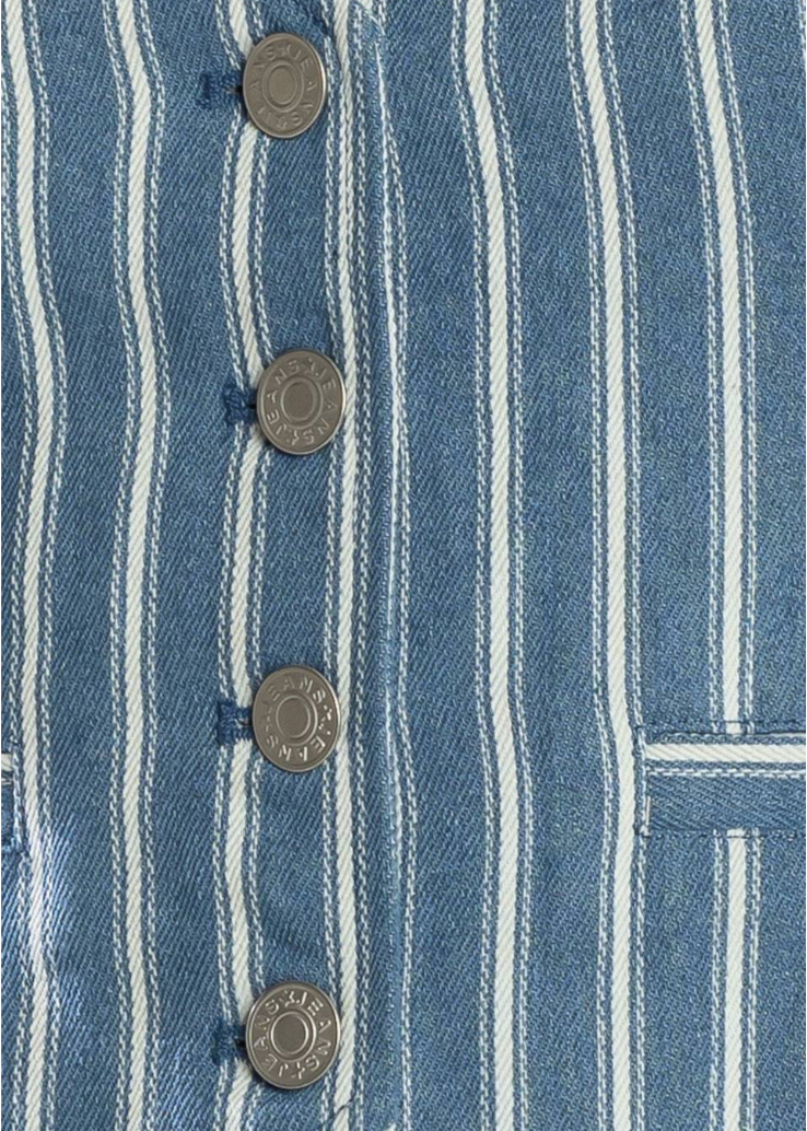 A striped indigo woven vest featuring sleeveless and front button closure. Matching striped woven pant featuring front closure and wide leg.