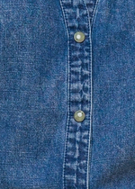 Load image into Gallery viewer, An acid washed denim top with round neckline, long raglan sleeve and button down
