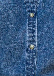 An acid washed denim top with round neckline, long raglan sleeve and button down