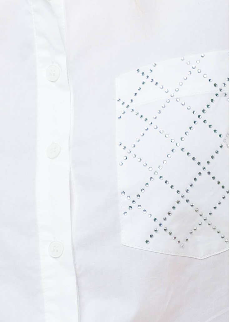 Off white solid woven shirt with button down and embellished pockets and long sleeve