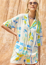 Load image into Gallery viewer, Printed shirt top and shorts set. Button up short sleeve top and elastic waist band.
